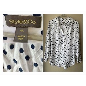Style & Co Polka Dot Blouse Plus 0X Rayon White Navy Split Neck  2024 Summer
